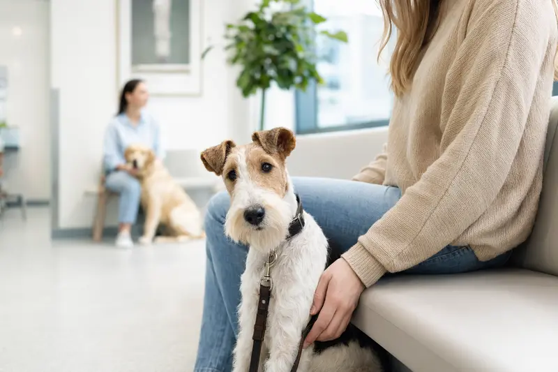 Ein Glatthaar-Foxterrier sitzt ruhig neben seinem Besitzer im Wartezimmer einer modernen Tierarztpraxis.